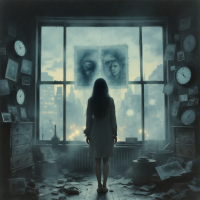 A silhouette of a woman stands facing a window, where ghostly images of faces and scattered clocks surround a cluttered room, evoking reflection on memories and the past.