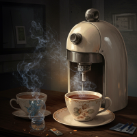 A stylish coffee machine brews a steaming cup into a delicate floral teacup, accompanied by another cup and a sugar cube, all surrounded by swirling smoke in a cozy setting.