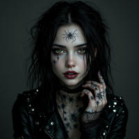 A striking portrait of a young woman with dark, tousled hair and intense yellow eyes, adorned with spider tattoos on her face and hands, embodying the sentiment, “I just want you.”