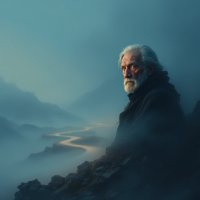 A solemn, bearded man gazes thoughtfully into a misty landscape, symbolizing resilience and the choice between pain and suffering, inspired by the quote: Pain is inevitable, but suffering is optional.