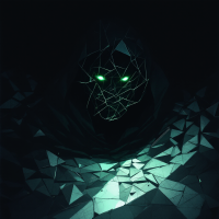 A shadowy figure, composed of fragmented shapes, emits a haunting green glow from its eyes, embodying themes of mistrust and inner turmoil as reflected in the quote.