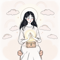 A serene figure sits with hands clasped in prayer, a glowing chest in front of her, surrounded by soft clouds and rainbows, evoking themes of empathy and reflection on pain.