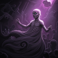 A shadowy, ethereal figure with glowing eyes and tentacle-like forms, emerging amid swirling darkness and intangible shapes, embodying an unstoppable, consuming force.