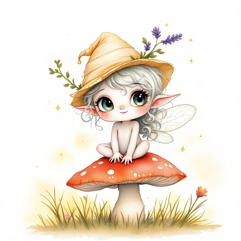 A whimsical fairy with delicate wings and a straw hat sits on a vibrant mushroom, embodying a juxtaposition of frailty and hidden strength, reflecting the quote's essence.