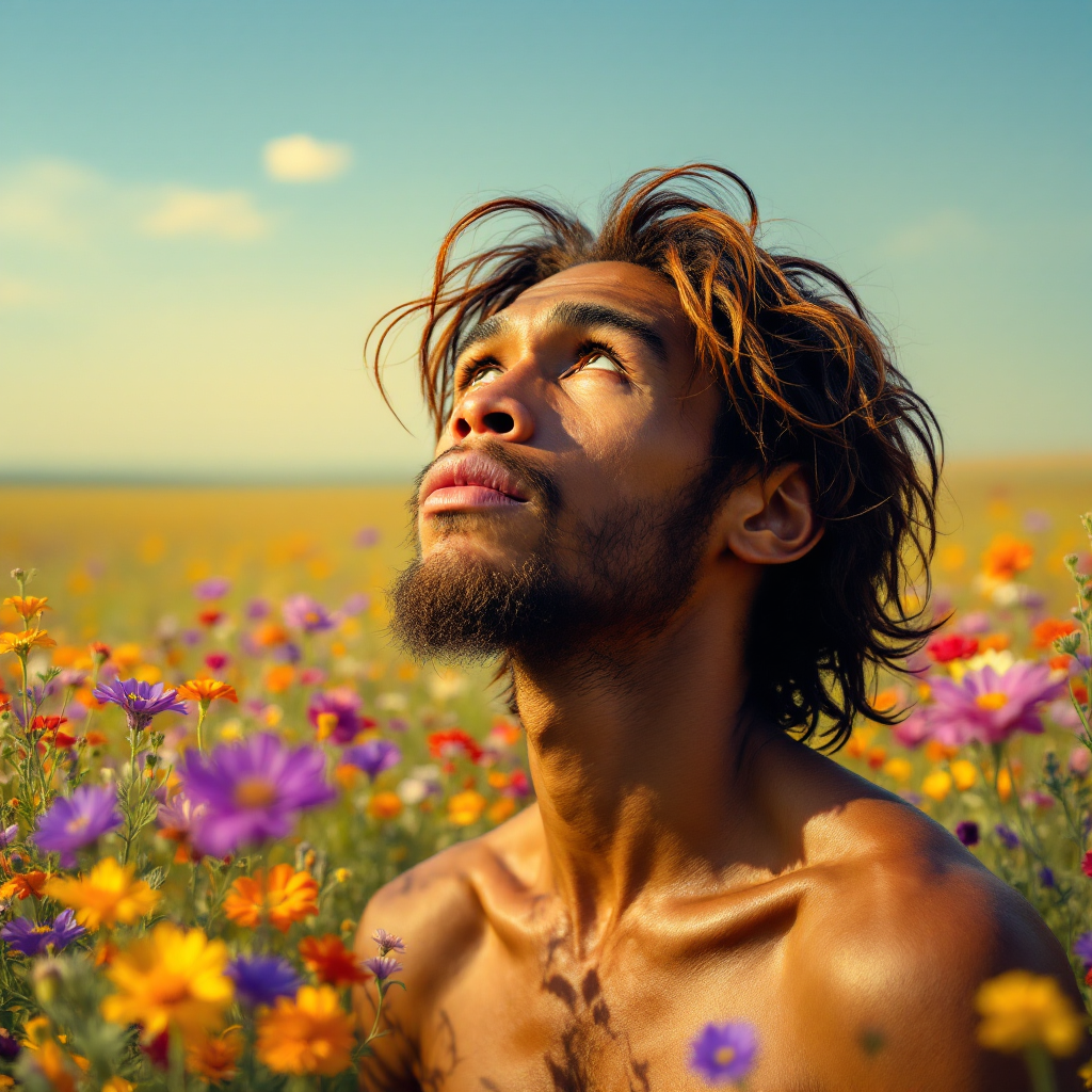 A man gazes upward amid a vibrant field of wildflowers, reflecting on the concept that Homo sapiens uniquely contemplate the future in the present moment.