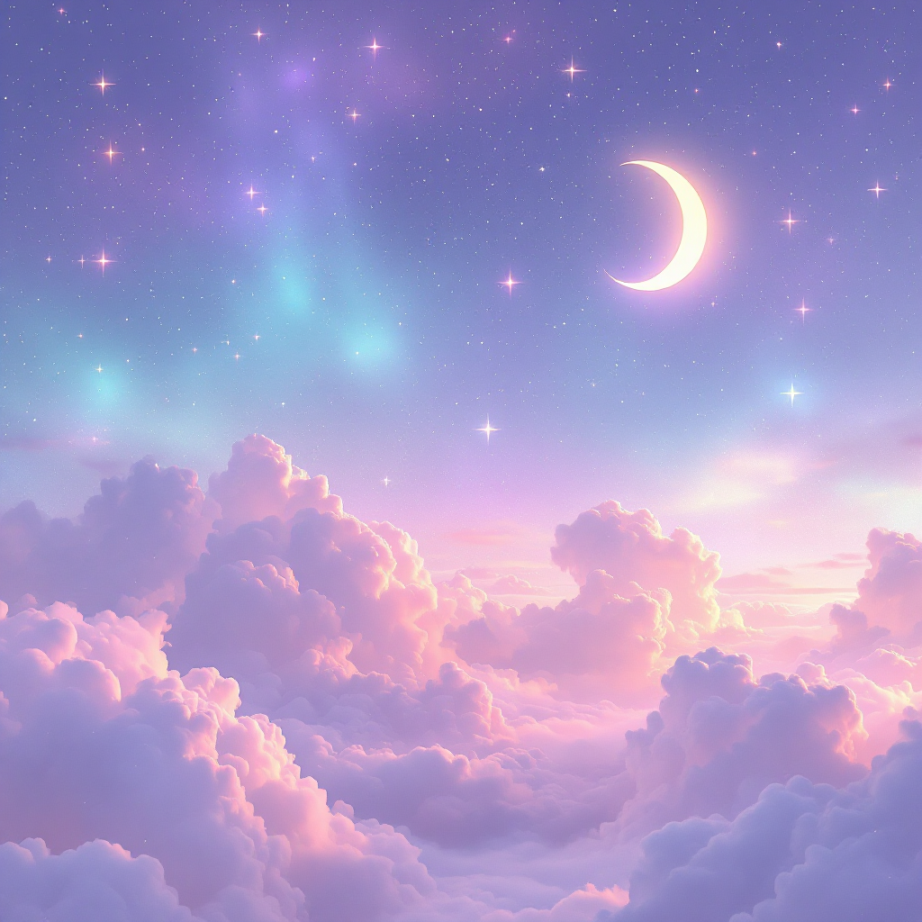 A serene night sky filled with twinkling stars and a crescent moon, surrounded by soft, colorful clouds, reflecting the idea that without darkness, we would never see the stars.