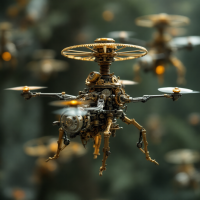 A collection of intricately designed, small drones with rotary surfaces and grappling arms resembles a steampunk invention, evoking the innovative spirit of da Vinci's machinery.