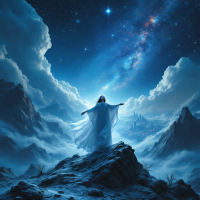 A figure in a flowing white cloak stands on a rocky peak, arms outstretched to a starry sky, embodying the triumph over fear as suggested by the quote on courage.