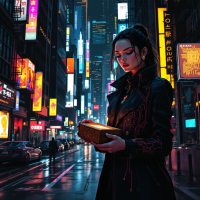 A woman in a dark coat stands in a neon-lit cityscape, holding a glowing box, embodying the quote on the importance of keeping power in check for those we love.