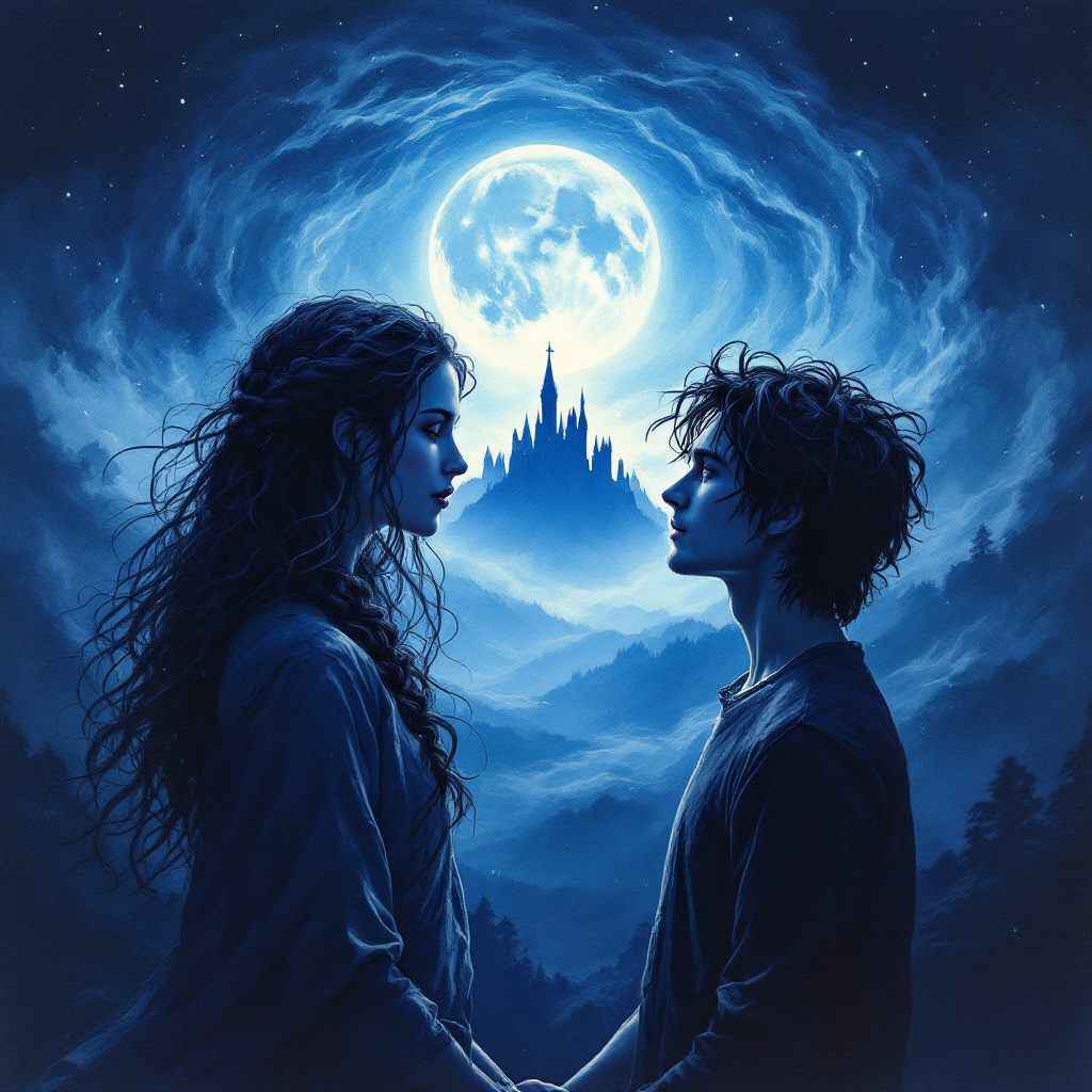 A couple stands facing each other under a luminous blue moon, surrounded by a mystical landscape and a distant castle, embodying the rarity of kindred spirits.