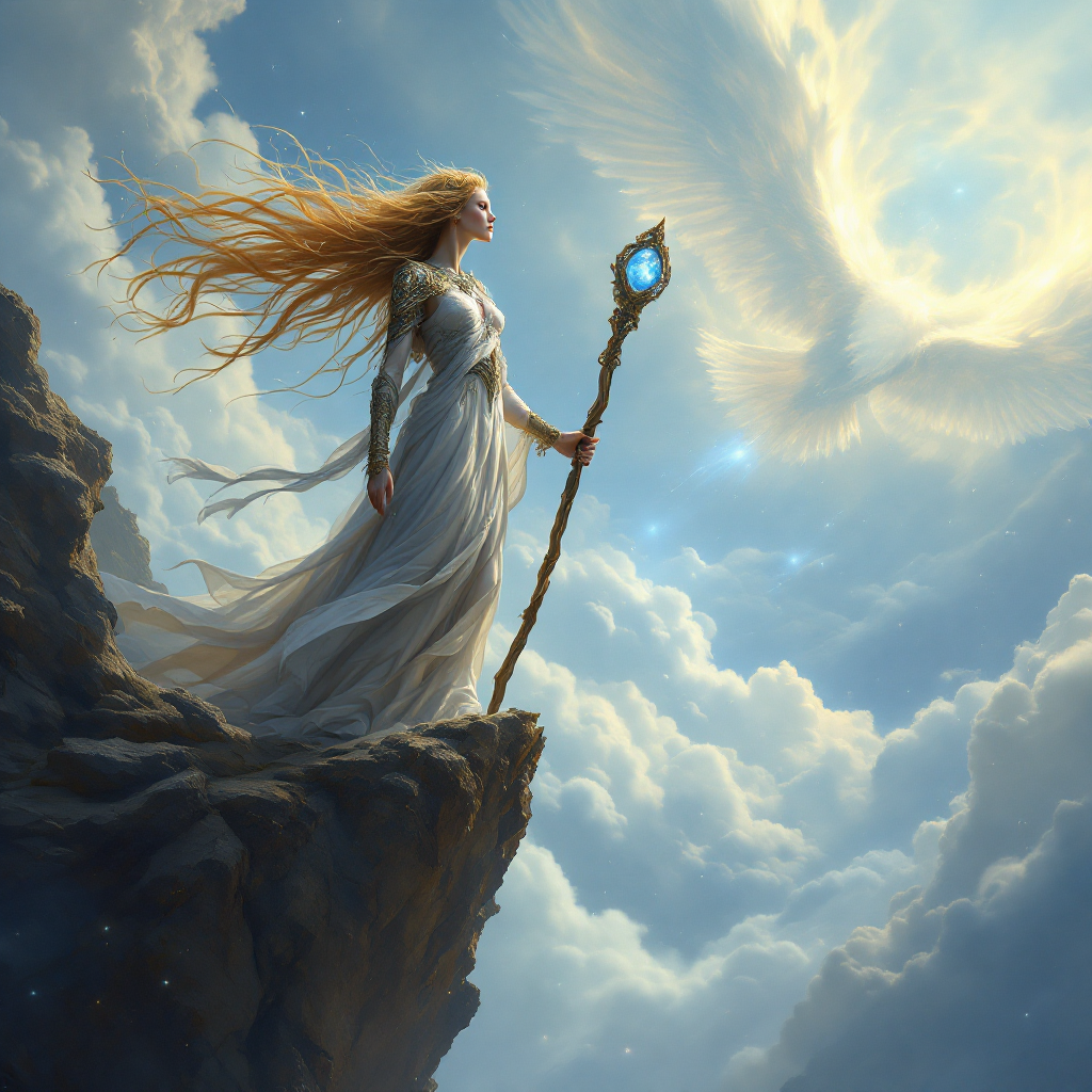 A woman in a flowing white gown stands on a cliff, holding a staff, as a glowing angelic figure descends from the sky, embodying the exhilarating and scary essence of freedom.