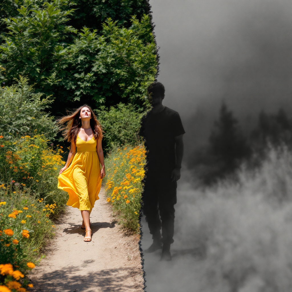 A woman in a bright yellow dress walks along a sunny path filled with flowers, while a shadowy figure stands in a foggy, dark landscape, illustrating the quote's theme of emotional distance.