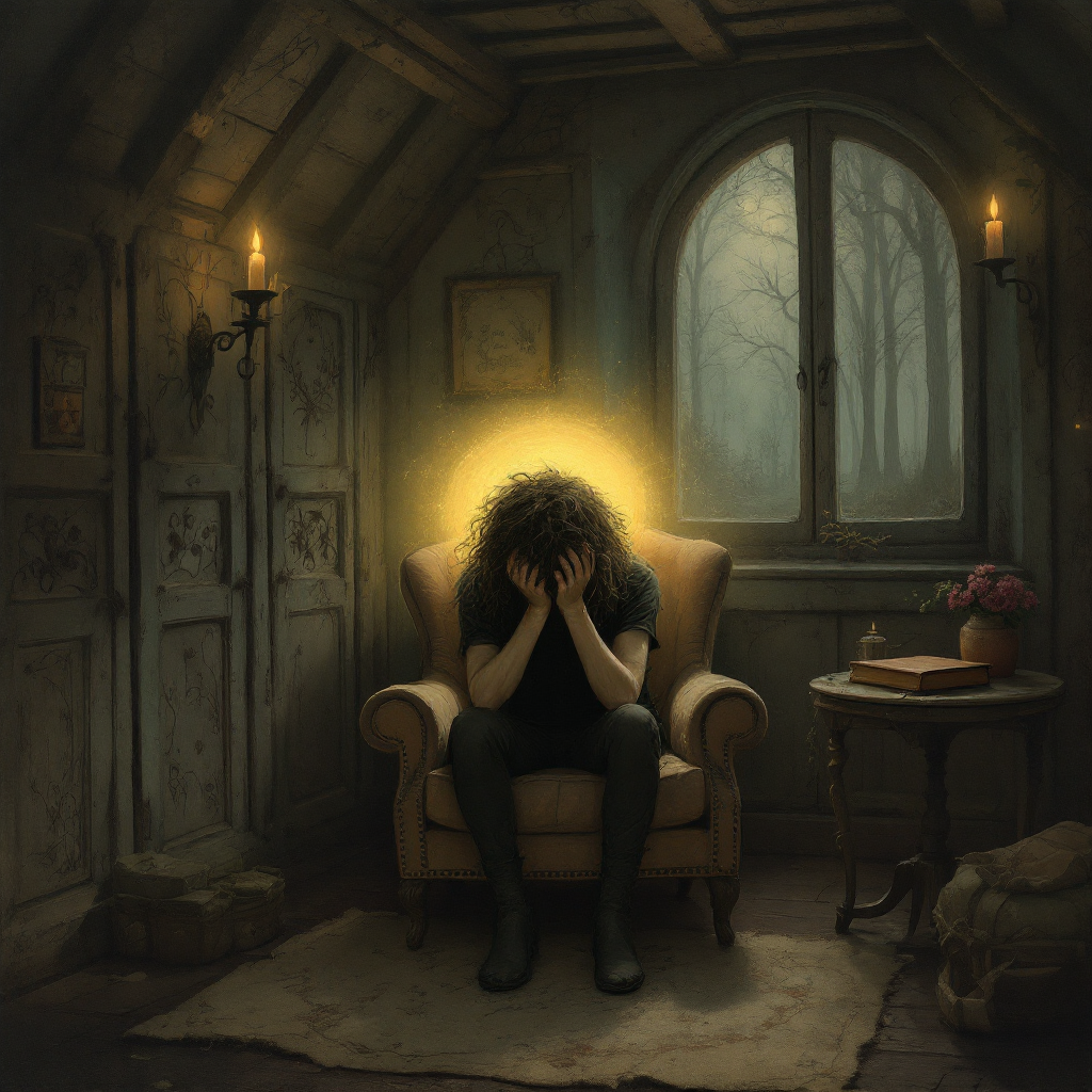 A person sits hunched in a dim room, head in hands, radiating a soft, golden glow, embodying deep depression and isolation beneath a window showing a bleak, foggy forest.