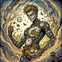 A character with fiery red hair, encased in clockwork gears and surrounded by swirling timepieces, embodies the duality of time as both friend and foe.