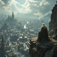 A cloaked figure sits on a rocky ledge overlooking a sprawling city beneath dramatic clouds, embodying the weight of decision-making that shapes futures.