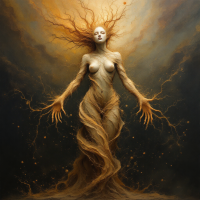 A powerful figure with flowing form and fiery hair embodies strength and freedom, symbolizing the idea that true heroism arises when fear is conquered.