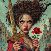 A fierce woman with curly hair holds a golden sword in one hand and a red rose in the other, embodying the quote: Love is the greatest weapon, and it can cut deeper than any sword.