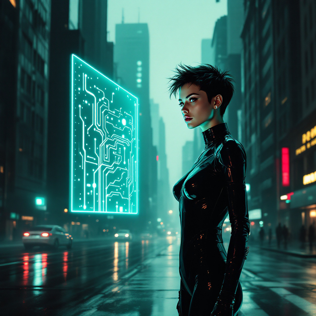 A figure in a sleek, futuristic outfit stands in a rain-soaked city street, gazing at a glowing digital display, embodying the idea that new thinking is needed to solve old problems.