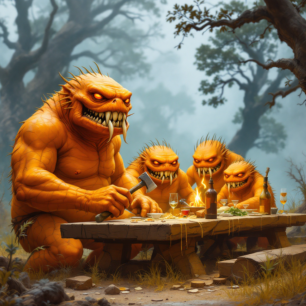 Four Chatovarians with bright orange tan skin and big buck teeth gather around a wooden table, displaying their webbed hands as they prepare for a meal in a forest setting.