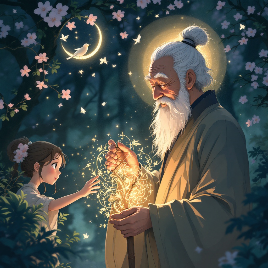 An elderly sage and a young girl share a glowing, magical energy in a serene night scene, surrounded by blooming flowers and softly glowing light, symbolizing the shared nature of power.