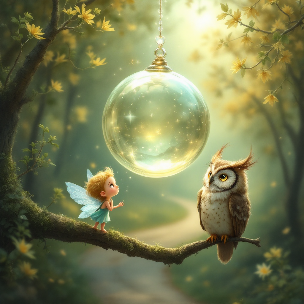 A whimsical scene in a forest with a fairy and an owl gathered around a glowing, suspended orb, capturing the fragile essence of life and its unpredictable nature.