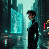 A figure in a sleek, futuristic outfit stands in a rain-soaked city street, gazing at a glowing digital display, embodying the idea that new thinking is needed to solve old problems.