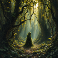 A cloaked figure shrouded in ivy stands in a sunlit, dense forest, embodying the duality of isolation as both sanctuary and prison amidst towering trees and dappled light.