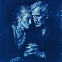 A blue-toned portrait of an elderly couple, their foreheads nearly touching, sharing a moment of intimacy that reflects the emotional weight of their shared experiences and pain.