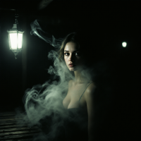 A woman stands in dim light, enveloped in swirling smoke, embodying the essence of disappearance and denial, reminiscent of a mysterious fair atmosphere.