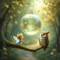 A whimsical scene in a forest with a fairy and an owl gathered around a glowing, suspended orb, capturing the fragile essence of life and its unpredictable nature.