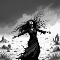 A figure in a flowing black dress stands in a desolate landscape, arms outstretched and hair wild, embodying the turmoil of a song tearing through her. Dark clouds loom above.