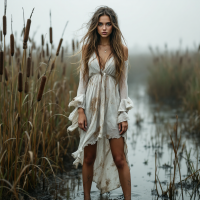 A woman in a flowing white dress stands in a foggy marsh, surrounded by tall grasses and cattails, embodying the essence of freedom and individuality.