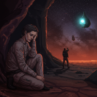 A somber figure sits inside a rocky cave on Mars at midnight, while another person signals toward a glowing drone above a reddish alien landscape, reflecting vast time distortions.