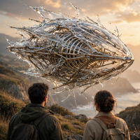 Two people watch a floating vessel of liquid glass with transparent, shredded layers clinging to an intricate metallic skeleton against a hazy sunset landscape.