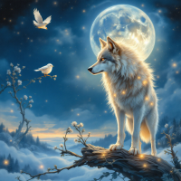 A serene scene depicting a majestic white wolf perched on a branch, gazing at a glowing full moon, with two small birds fluttering nearby in a tranquil winter landscape.