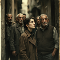 A reflective scene featuring a young woman at the forefront, surrounded by older men in an alley, evoking the quote about grown-ups' lost childhood memories.