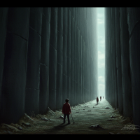 A vast, towering wall stretches beyond sight on all sides, dwarfing three small figures walking at its base, evoking awe and the limits of imagination.