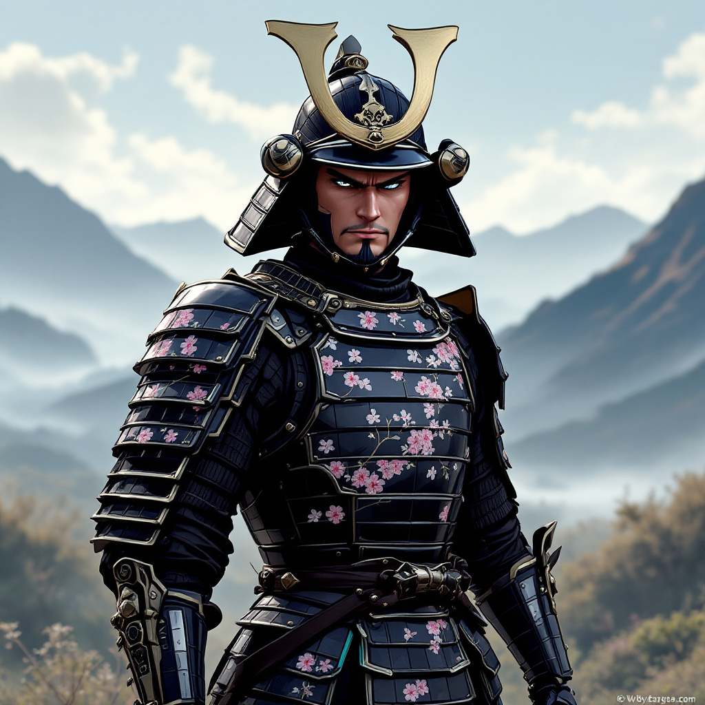 A warrior in ornate armor adorned with floral patterns stands confidently against a mountainous backdrop, embodying loyalty as both strength and resolve.