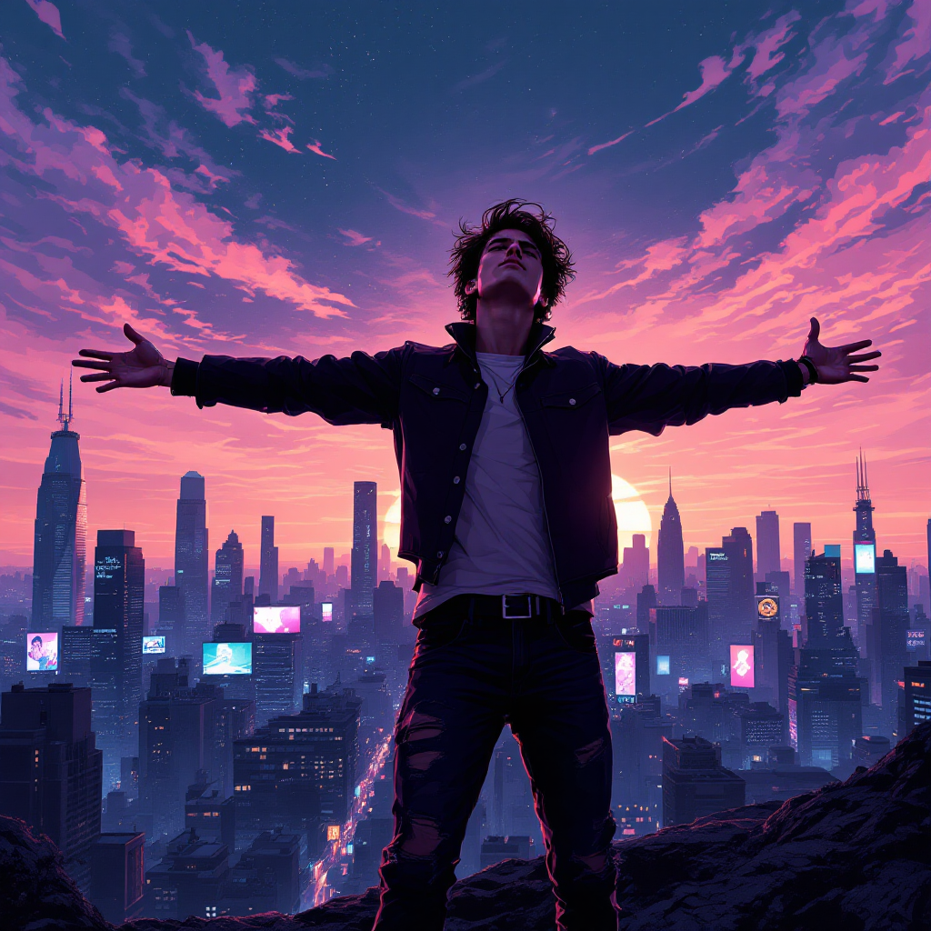 A figure stands on a rocky outcrop, arms outstretched toward a vibrant city skyline at sunset, embodying the desire for growth amid uncertainty, as expressed in the quote.