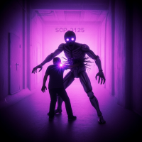 A glowing-eyed humanoid entity looms over a terrified person in a dim hallway, radiating a purple aura that hints at a deadly, perception-linked threat.