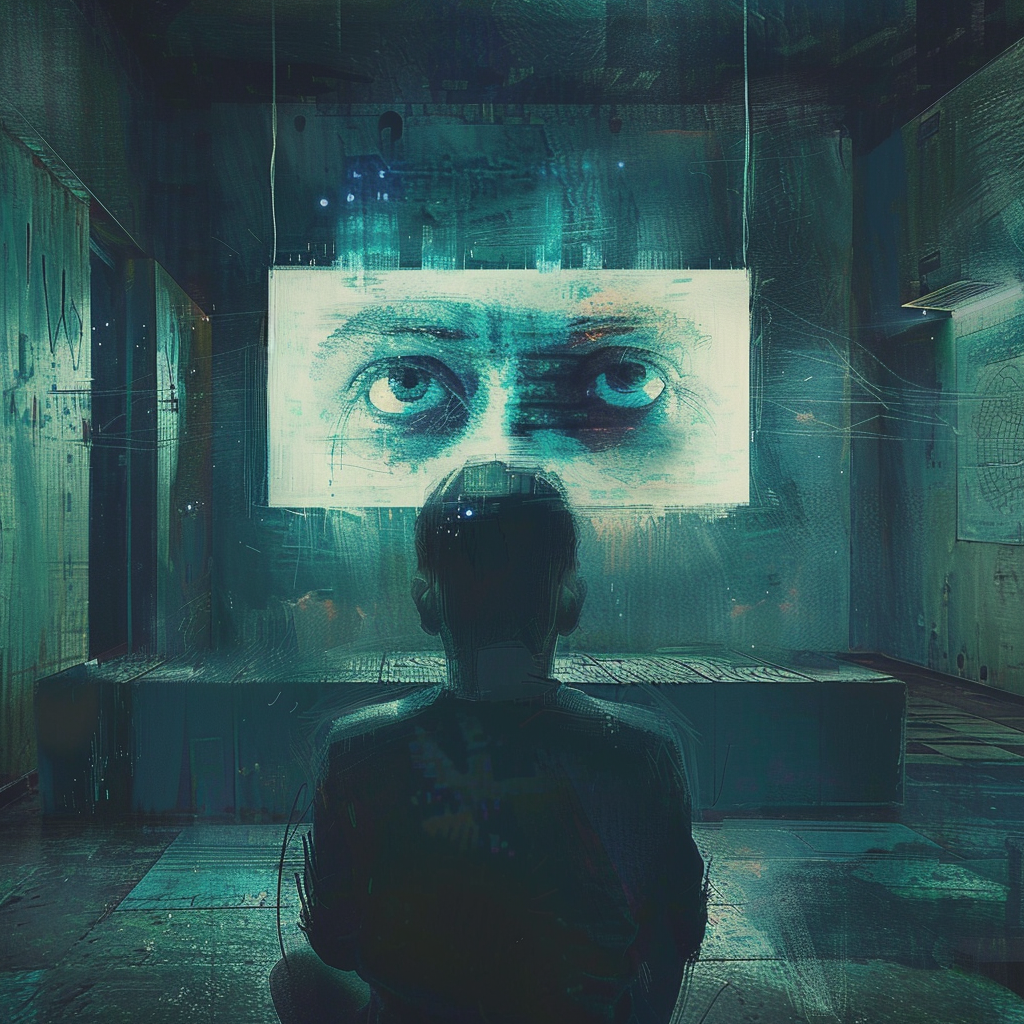 A solitary figure sits facing a large screen displaying a pair of intense eyes in a dimly lit room, evoking the quote about rejecting the evidence of one's eyes and ears.