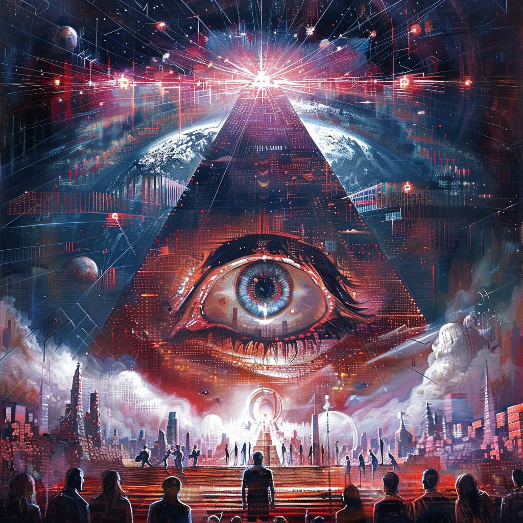 A surreal artwork featuring a large eye within a pyramid, towering over a futuristic cityscape. People stand in awe, reflecting the quote: The Party told you to reject the evidence of your eyes and ears.