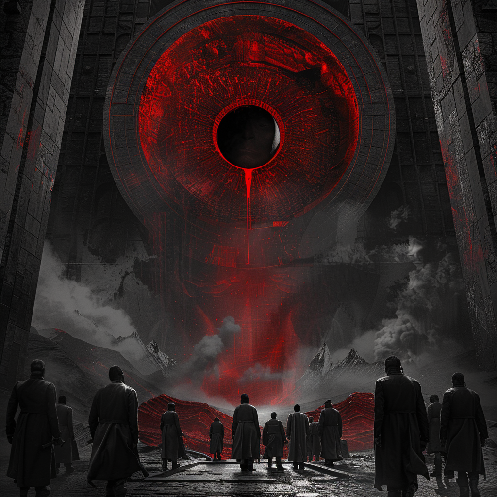 A group of people in dark coats stand before a colossal, ominous red eye within an industrial, dystopian environment, reflecting the quote: The Party told you to reject the evidence of your eyes and ears.