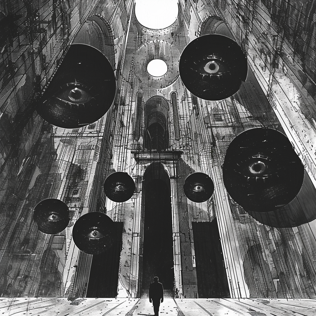 A lone figure stands in a vast, surreal hall with large, dark discs suspended above, encapsulating the haunting essence of the quote: The Party told you to reject the evidence of your eyes and ears.