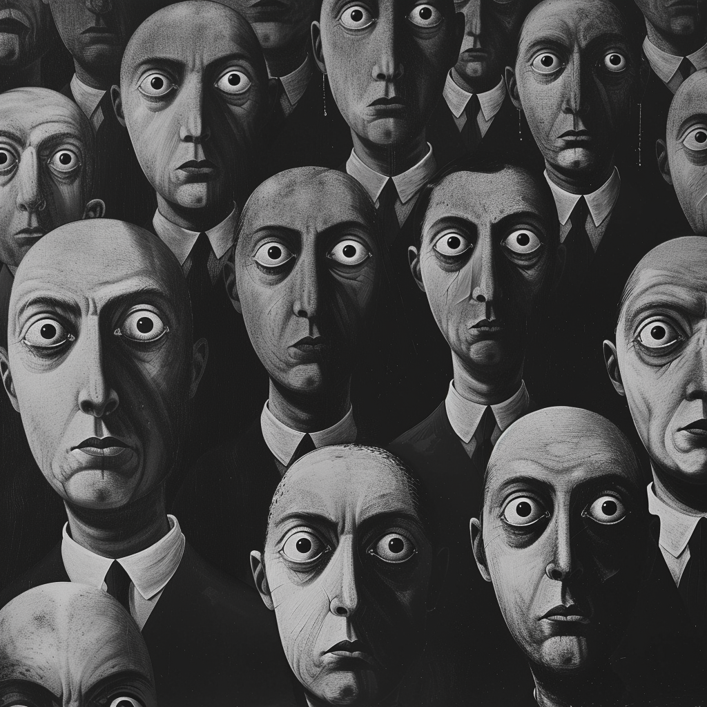 A monochromatic illustration of numerous men with expressionless faces and wide, staring eyes, reflecting the quote: The Party told you to reject the evidence of your eyes and ears.