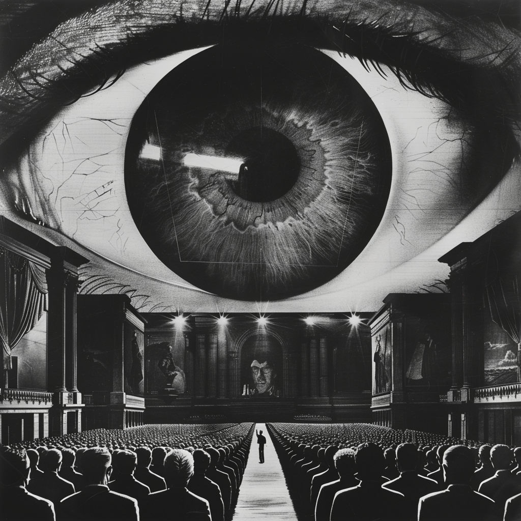 A large, ominous eye watches over a crowded hall with rows of people sitting, referencing the theme of control and surveillance from the book quote: The Party told you to reject the evidence of your eyes and ears.