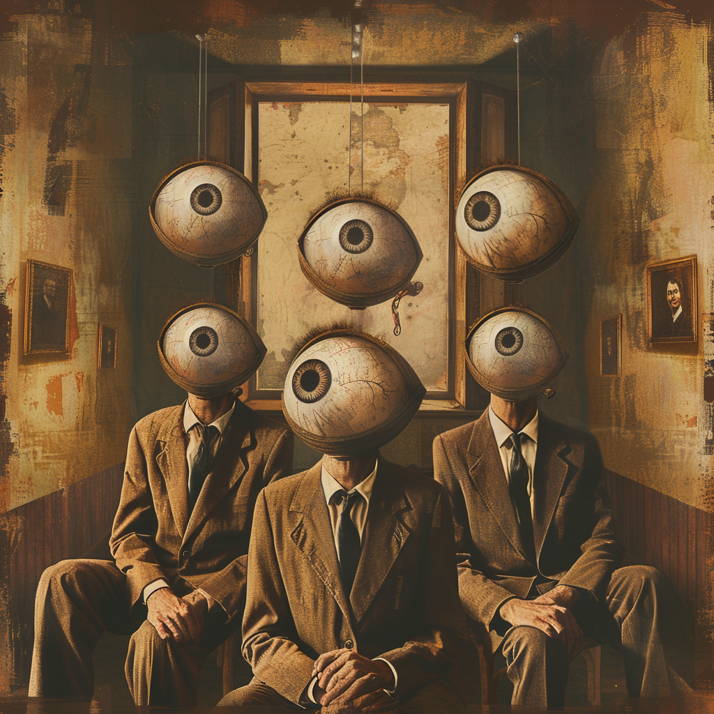 A surreal painting depicts three men sitting in suits, each with a giant eyeball in place of their heads, set in a dark room, evoking the theme of rejecting sensory evidence from the book quote.