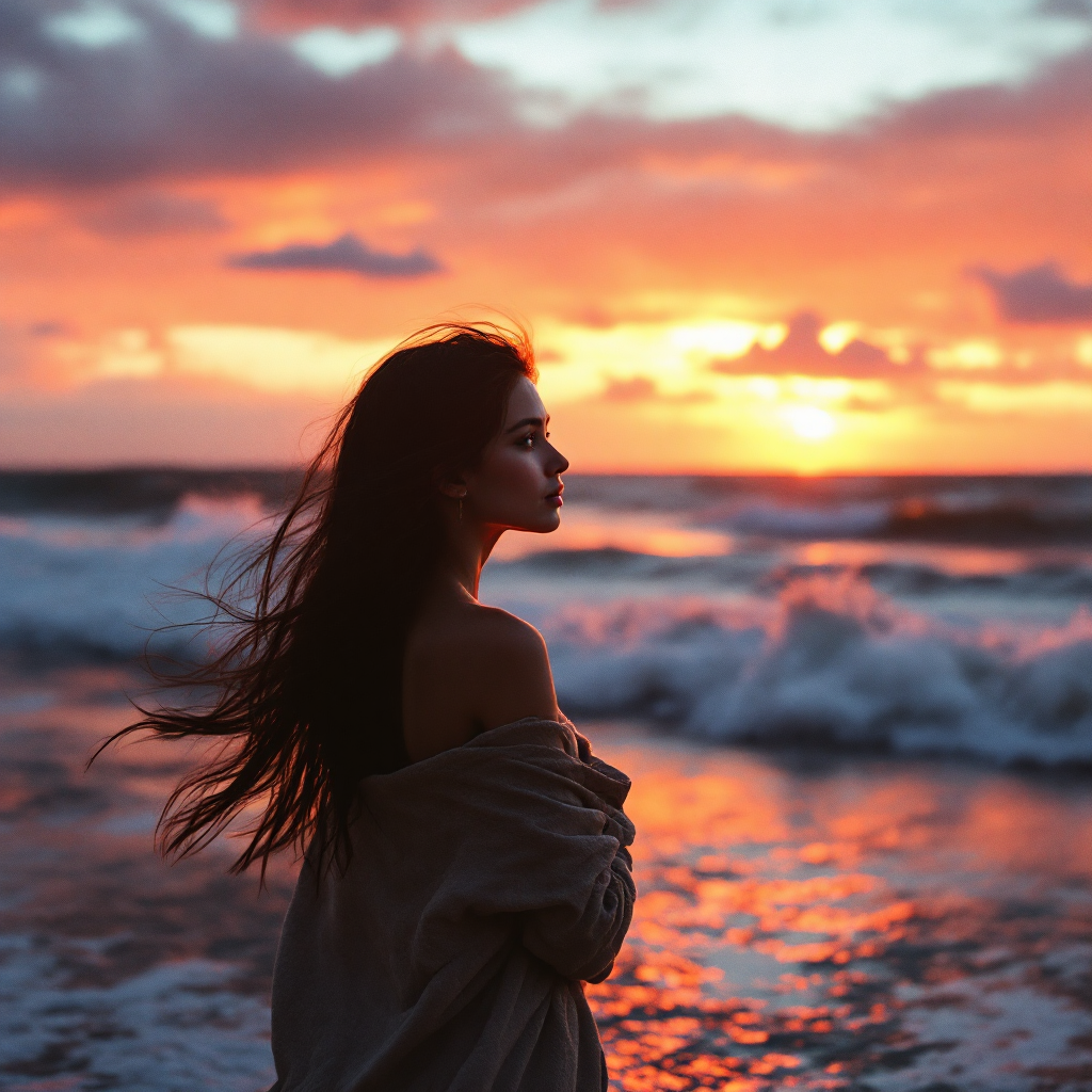 A silhouette of a woman with flowing hair stands by the shore, gazing at a vibrant sunset over the ocean, evoking the fragility and unpredictability of life.