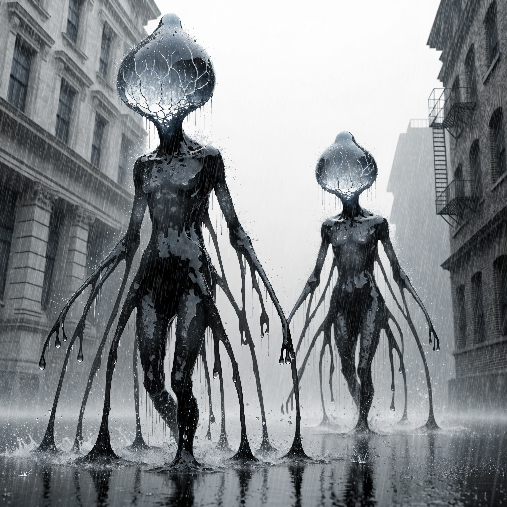 Two tall, gelatinous creatures with spongy, multi-limbed bodies and smooth, oily skin walk the rainy city street, their faceless, mucus-veined heads towering above.