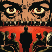 A group of men in suits sit around a red table, facing a standing figure, with a large pair of eyes watchfully overseeing the scene, capturing the theme of authoritative control described in the book quote.